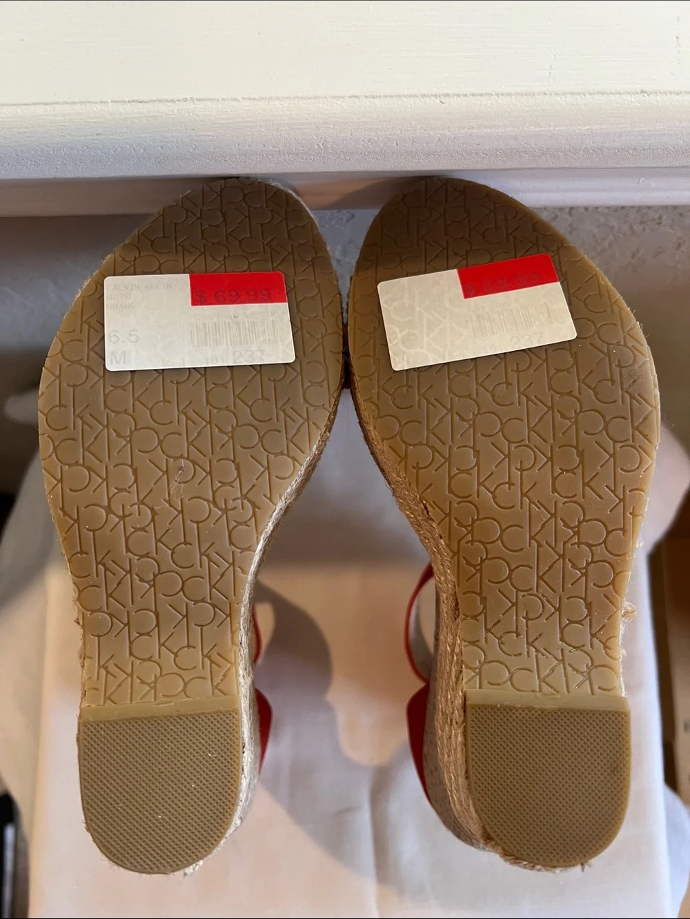 Calvin Klein Coral-Red Espadrille Ankle-Strap Wedges
